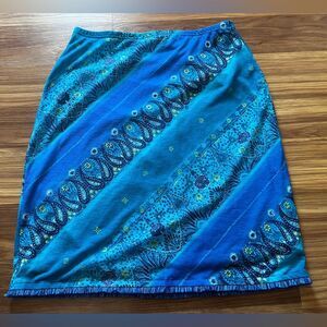 True Vintage Y2K Blue Boho Print Pull on Skirt Frayed Hem Size Large